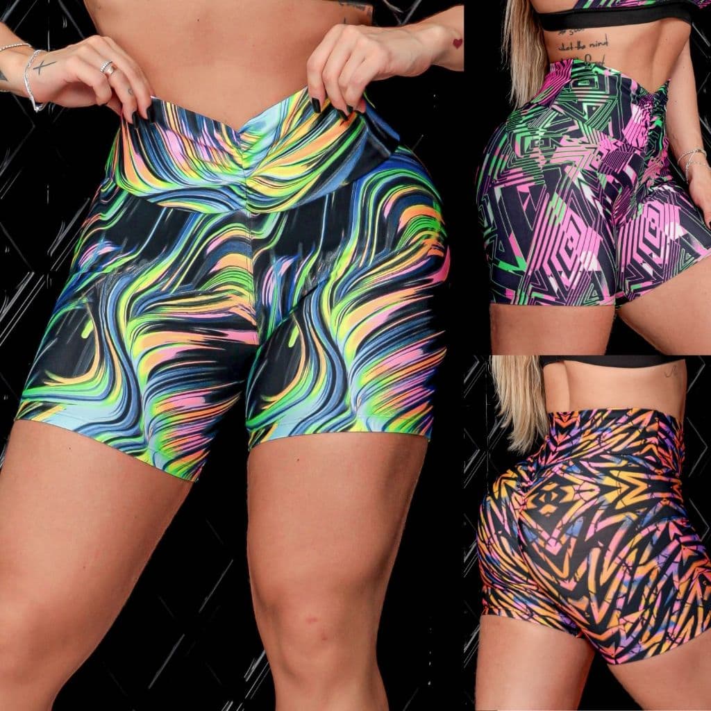 Short Fitness Feminino Estampado Empina Bumbum Academia Suplex Cós Médio Modelador Treino Ginástica