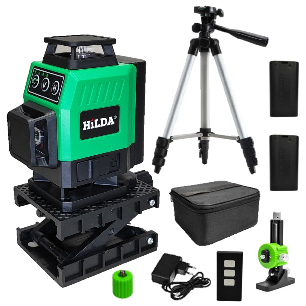 Nível A Laser 16 Linhas Verde Hilda 2 Baterias Controle + acessórios Tripé 1 metro