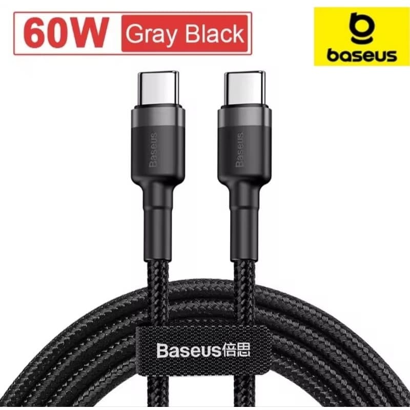 Cabo Baseus 2 METROS  Tipo-C P/ Tipo-C 60W  Preto/Cinza Ultra Resistente iPhone 15 16 e Android Samsung