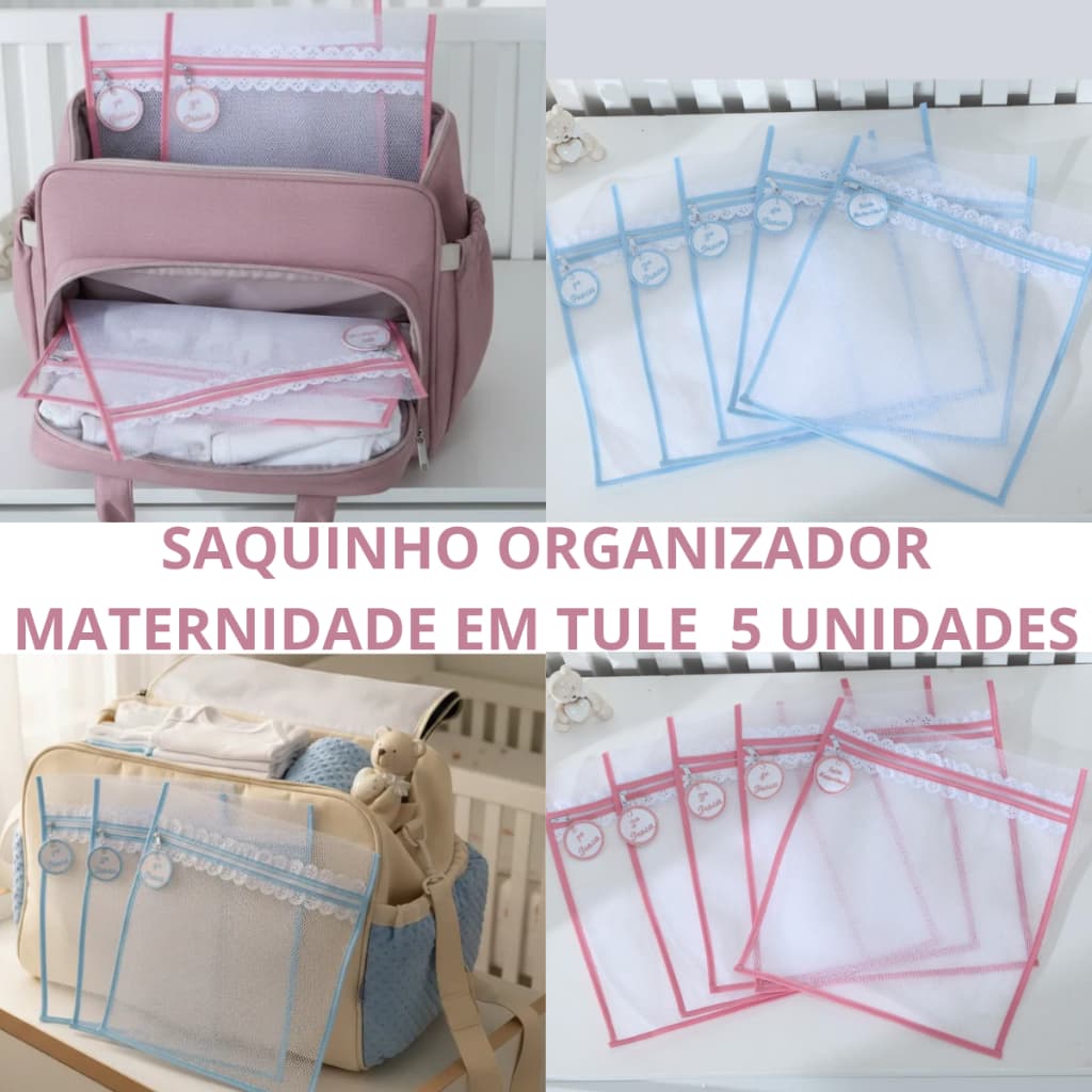 Kit com 5 Saquinhos para Mala Bolsa Maternidade - Em TULE com Zíper e Viés + TAG Bordado