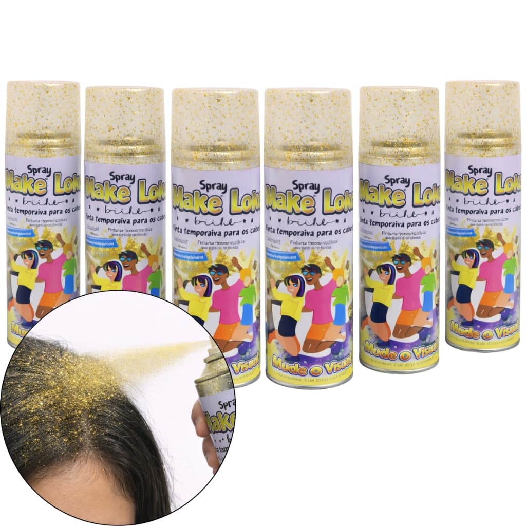 Kit Com 6 Spray De Cabelo Tinta Temporária Glitter Make+ Brilho Dourado