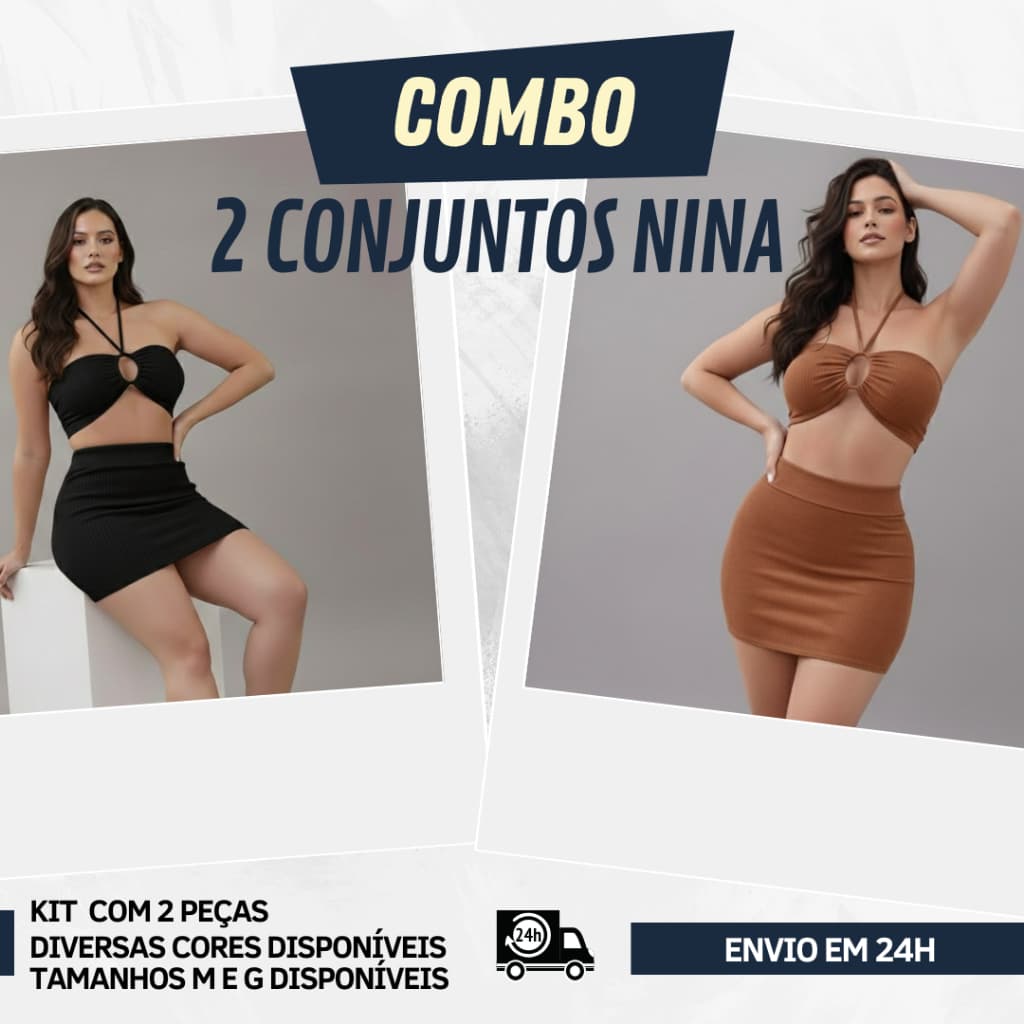 KIT 2 Conjunto Nina - Cropped de Amarrar C/Bojo + Saia Curta Feminina Anarruga Premium