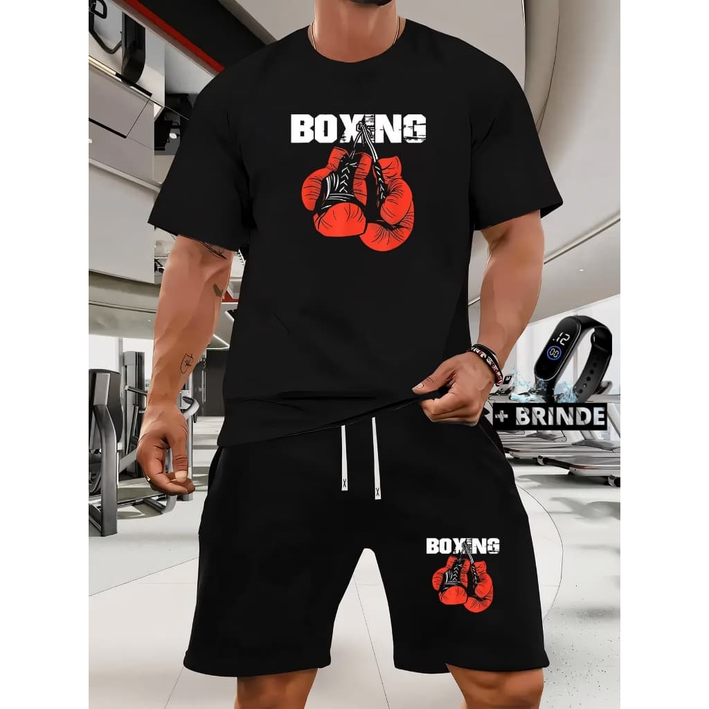 Conjunto camiseta algodão 100% Boxing com estampa de luvas de boxe + bermuda casual tactel urbano streetwear + relógio
