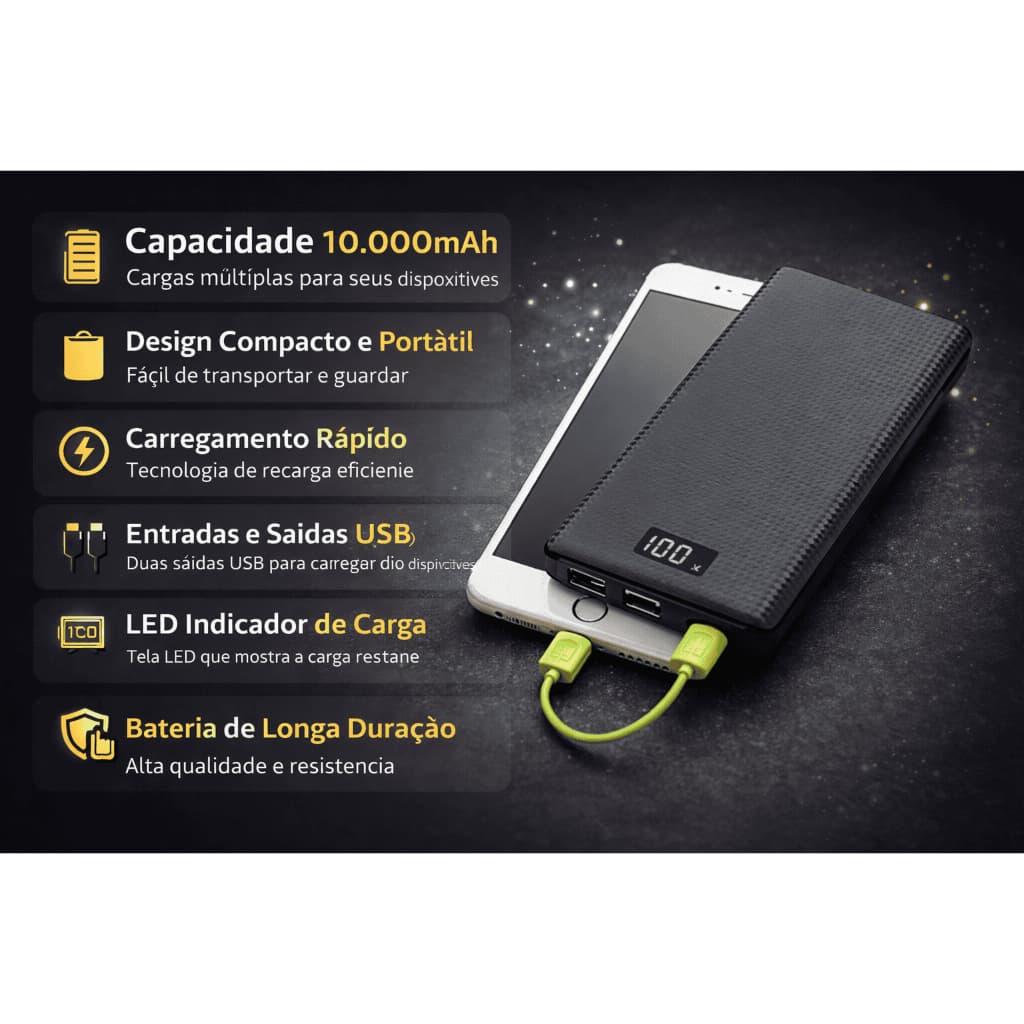 Carregador Portátil Power Bank 10000mAh/ 20000mAh Carregamento Portatil Compacto USB Iphoe ou Tipo C