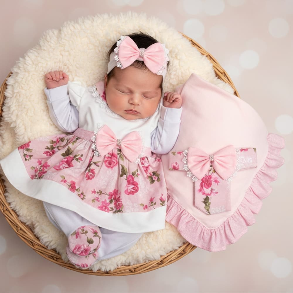 Saída de Maternidade Menina Carinhosa Clara Rosa 05 Peças