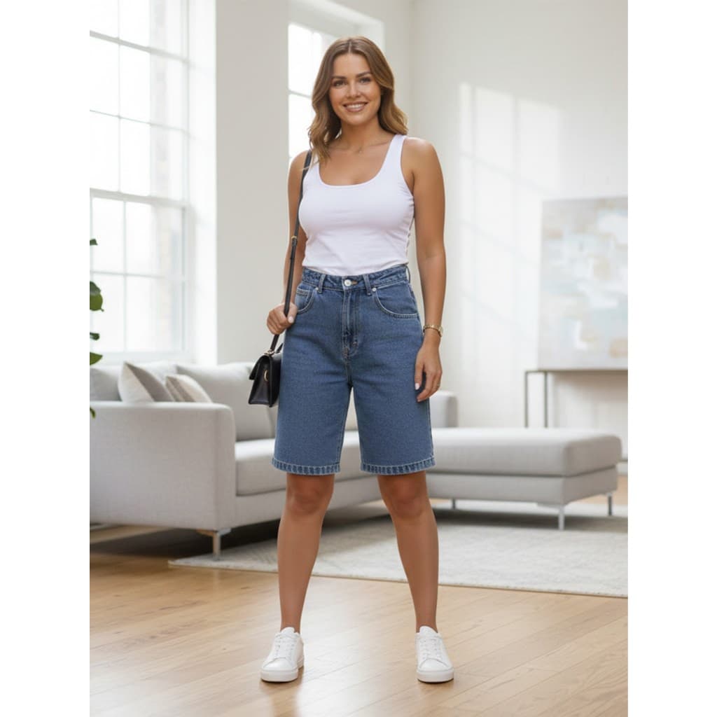 Bermuda Jeans Feminina  Jorts Cintura Alta Casual
