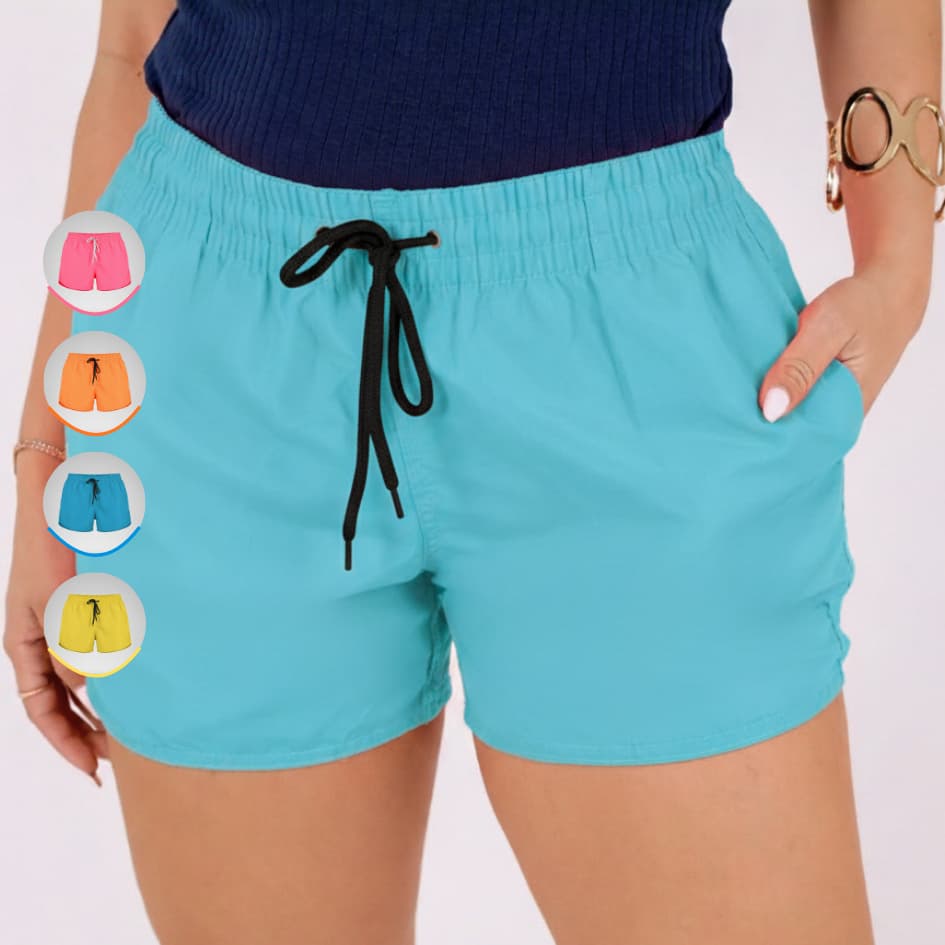 Short Feminino Tecido Leve Moda Praia Tactel Verão Shortinho Academia Treino Piscina Bolsos Cordão