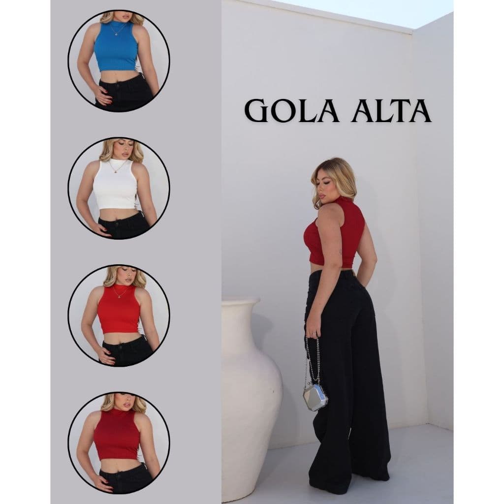 Cropped Gola Alta Blusa feminina Lisa Sem manga c/ Bojo