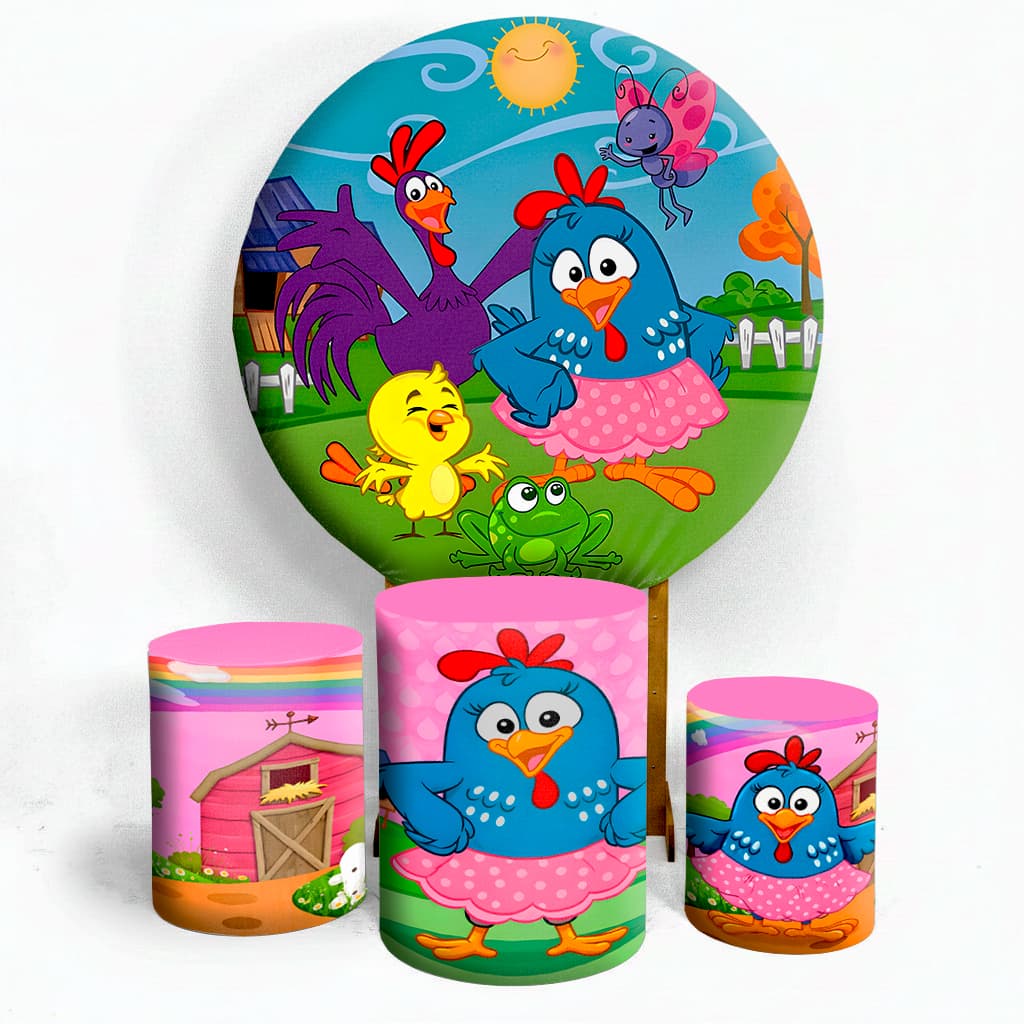 Kit Capa Painel de Festa Galinha Personagens + Trio Capa Cilindros Envio Imediato Promoção