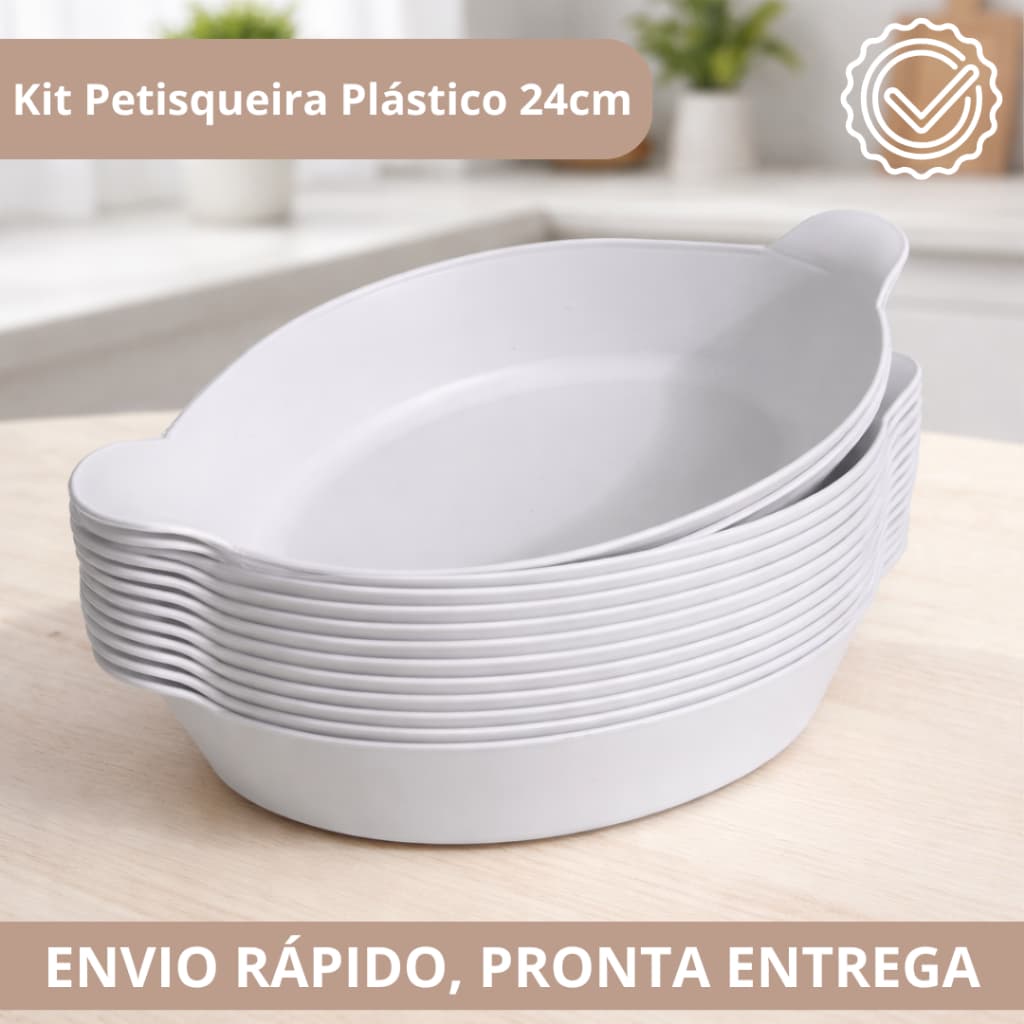 Kit c/5-50 Travessas Petisqueiras Plástico Branco Resistente 24cm-Servir comidas,churrasco,petiscos