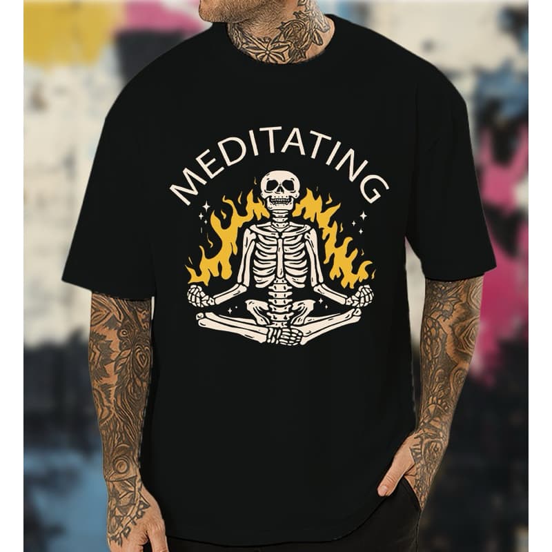 Camiseta Meditating Skeleton Estampa Caveira Zen Dark