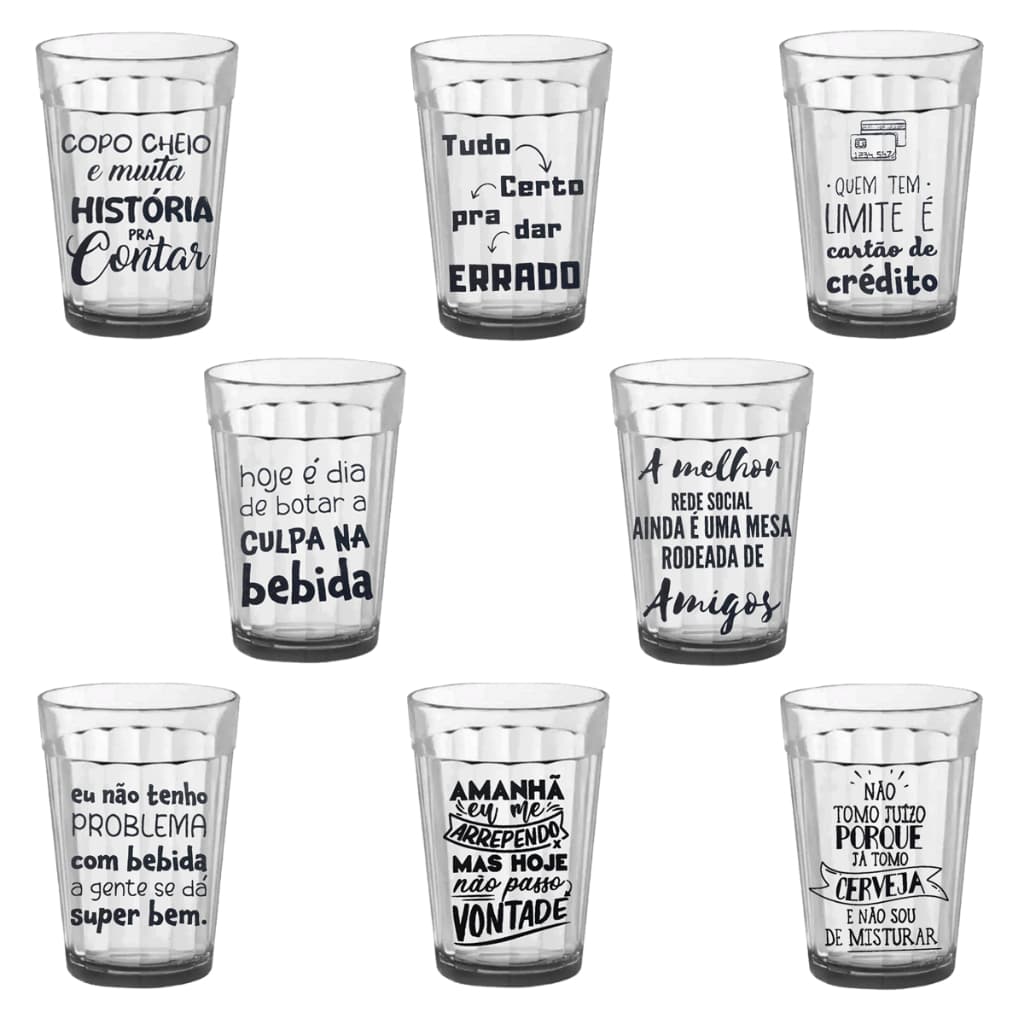 Kit Jogo De 8 Unidades De Copo Americano De 190ml Vidro Decorado Com Frases Memes Divertidos