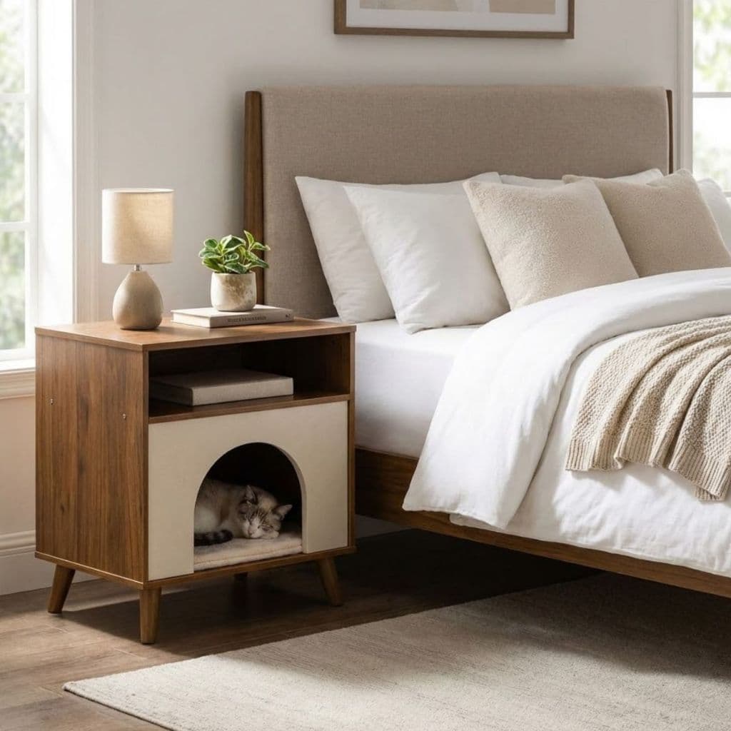 Mesa Cabeceira Retrô Off White Espaço Pet Multiuso Porta Cama Para Cachorro Gato Móvel Decorativo Moderno