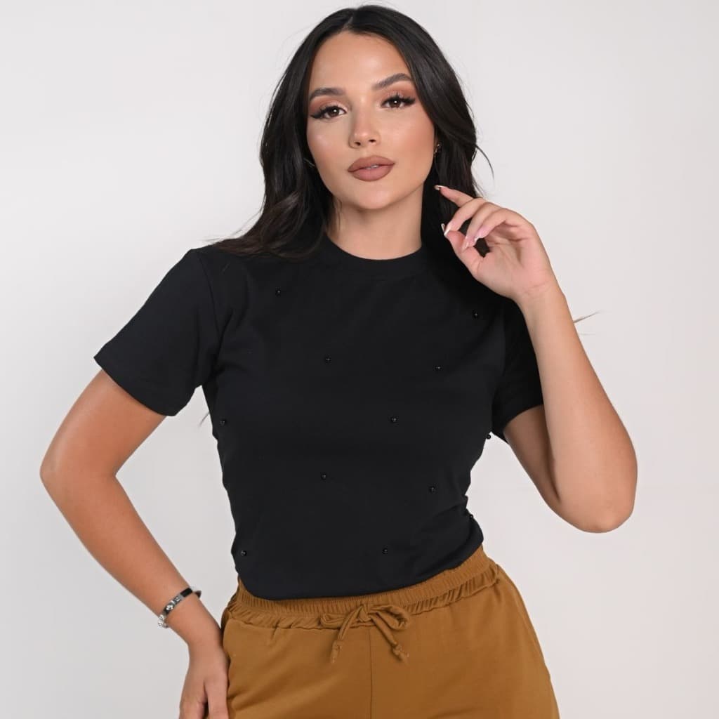 Camiseta Feminina 100% Algodão com Pérolas  Luxo Confortável Estilosa Casual Elegante Blusa Blogueira Lisa T shirt