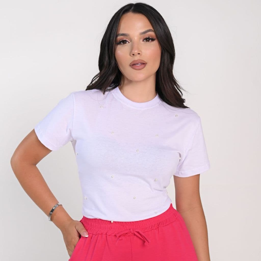 Blusa Feminina 100% Algodão com Pérolas Confortável Estilosa Camiseta Casual Elegante Blogueira Lisa T shirt Luxo