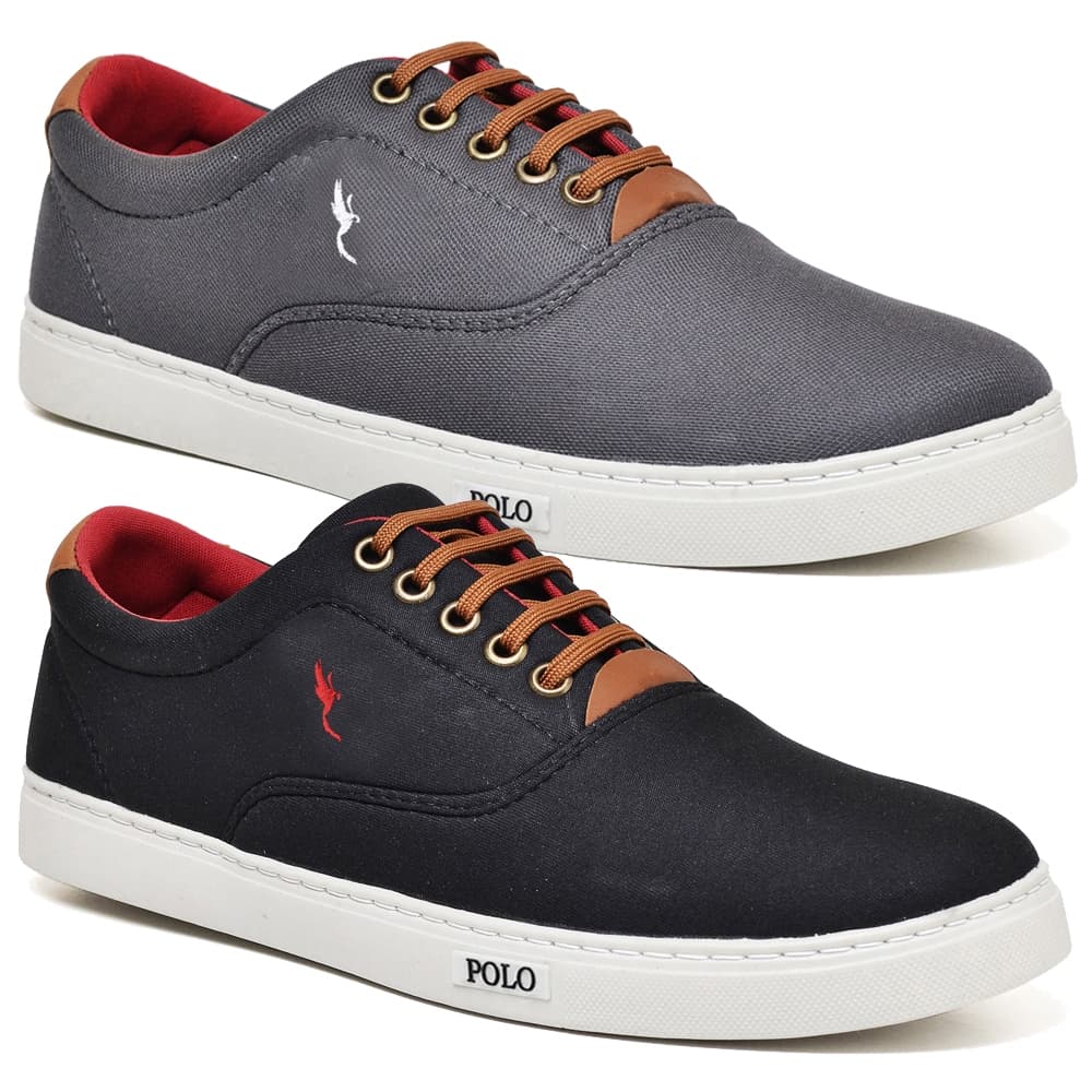 Kit com 2 Tênis Masculino Polo Blu Casual Cinza + Preto Leve Confortável Ideal para Trabalho