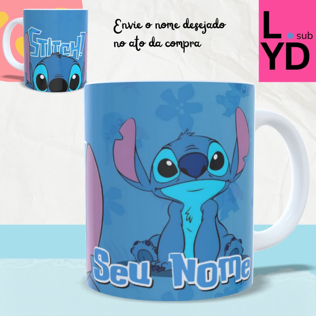 Caneca Personalizada Stitch Azul Seu Nome Plástico Porcelana Xícara Polímero Infantil Stitch