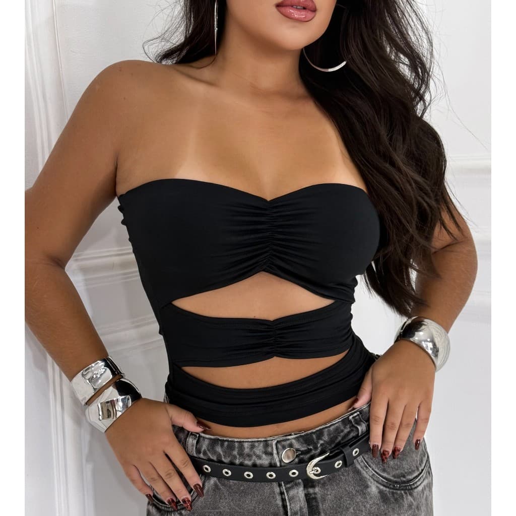 Cropped tomara que caia verão com franzidos abertura na barriga top verão