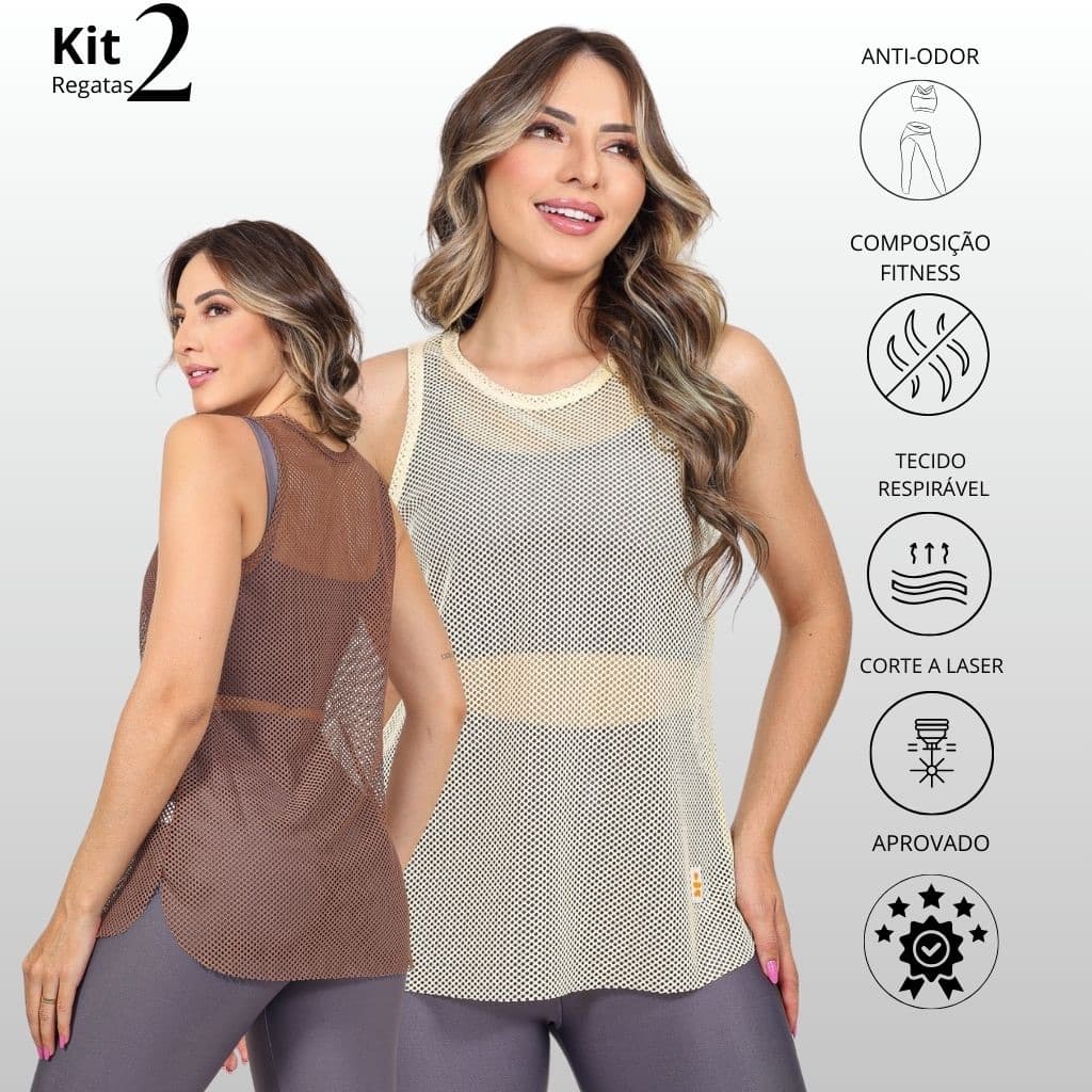 Kit c/2 Regatas Arrastão Tela  Poliamida Fitness Academia Feminina