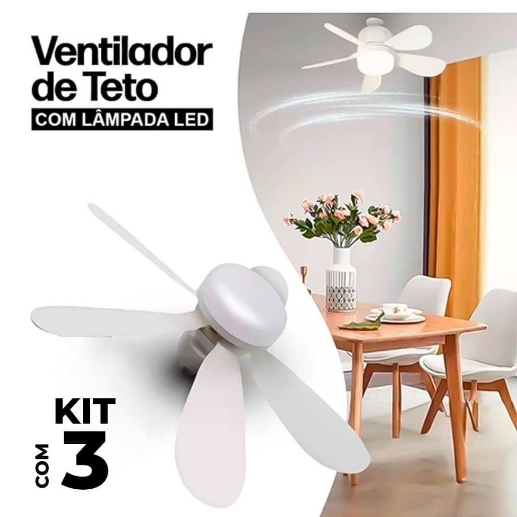 1 a 3 Ventiladores Luminária Led 5 Pás 80W Lâmpada Soquete Bocal E27 Teto 3 Cores Bivolt
