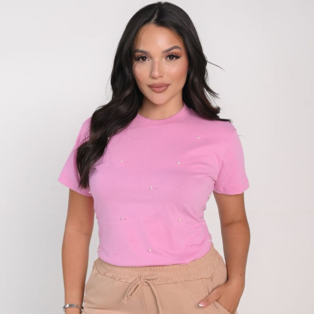Camiseta Feminina 100% Algodão com Pérolas  Blusa Blogueira Confortável Estilosa Casual Elegante Lisa T shirt Luxo