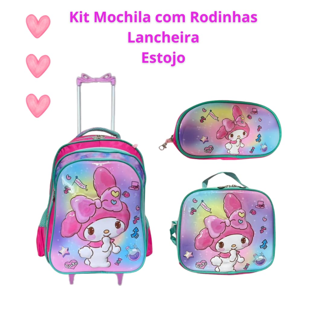 Kit Mochila Escolar Com Rodinhas 3D My Melody Menina Reforçada Grande + Lancheira Térmica + Estojo