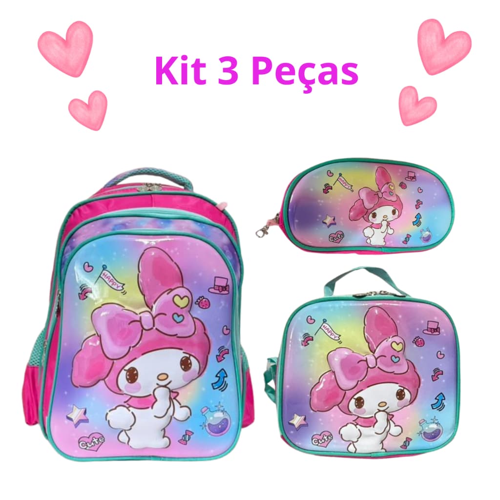Kit Mochila Escolar 3D My Melody Menina Reforçada Grande + Lancheira Térmica + Estojo
