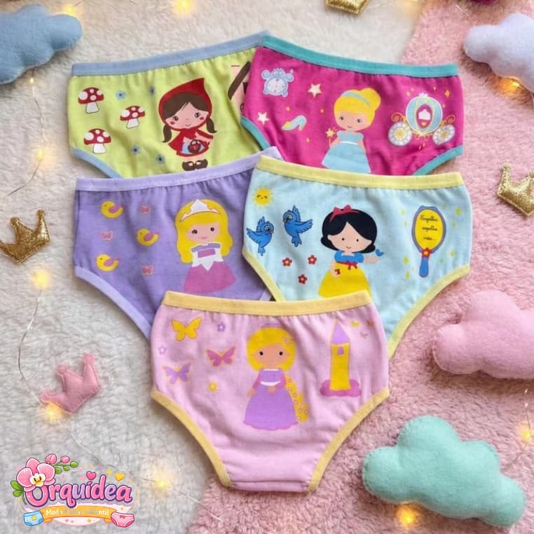 Combo 5 Calcinhas Princesas Infantil De Algodão Desenhos Ultra Confortável Toque Suave e Lisa Desfralde Menina