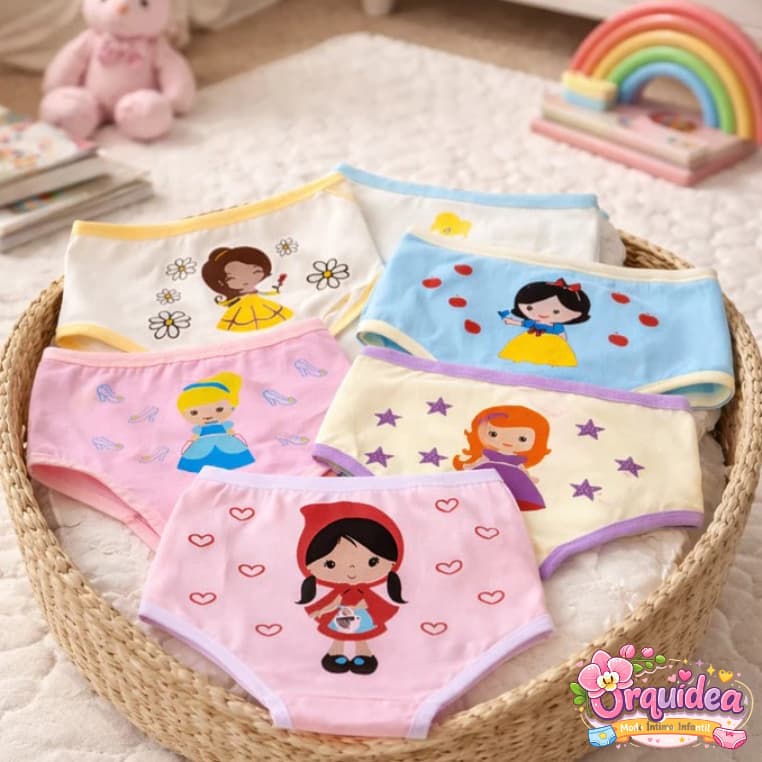 Kit Calcinhas Estampadas Infantil Com Estampas 5 Calcinha Princesas Algodão Com Forro Infantis Menina