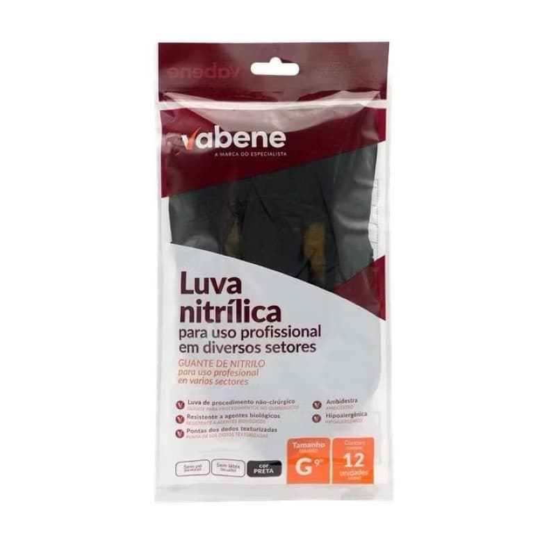 Luva Nitrílica Preta sem pó Vabene - 12 unidades
