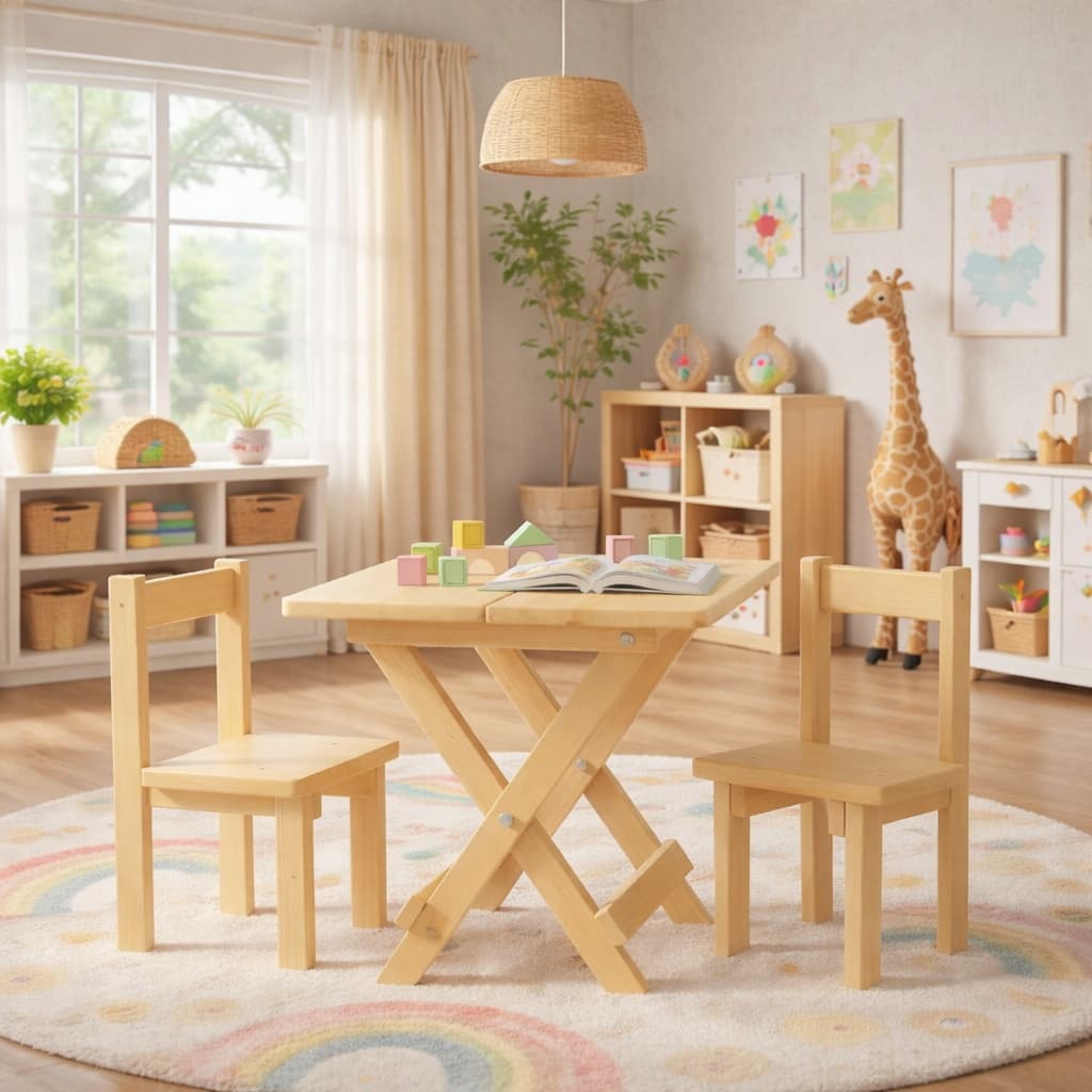 Mesa Infantil Madeira Com 2 Cadeiras Maciço e Cru