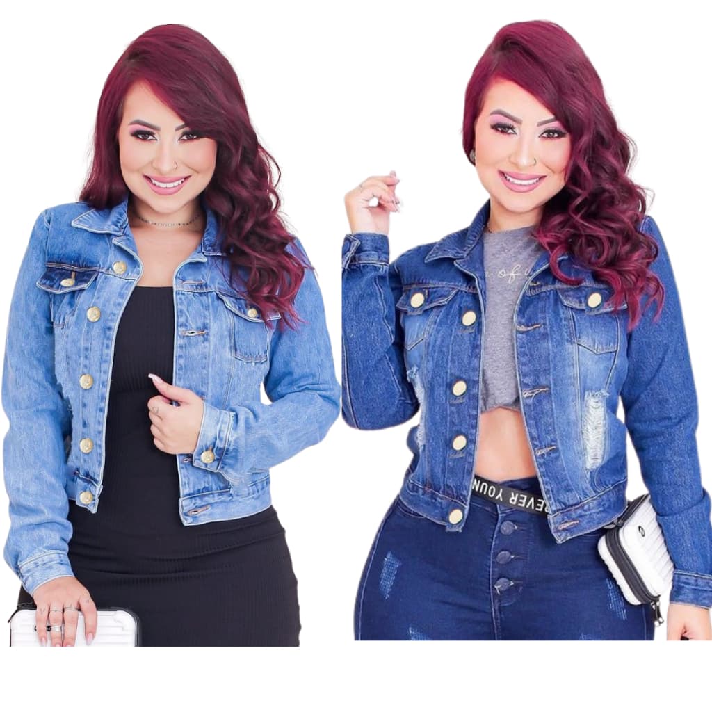 KIT JAQUETA JEANS SEM LAYCRA CLARA E ESCURA RASGADINHA BLUSA JEANS PREMIUM CROPEED DESTROYED BLUSA DE FRIO JEANS