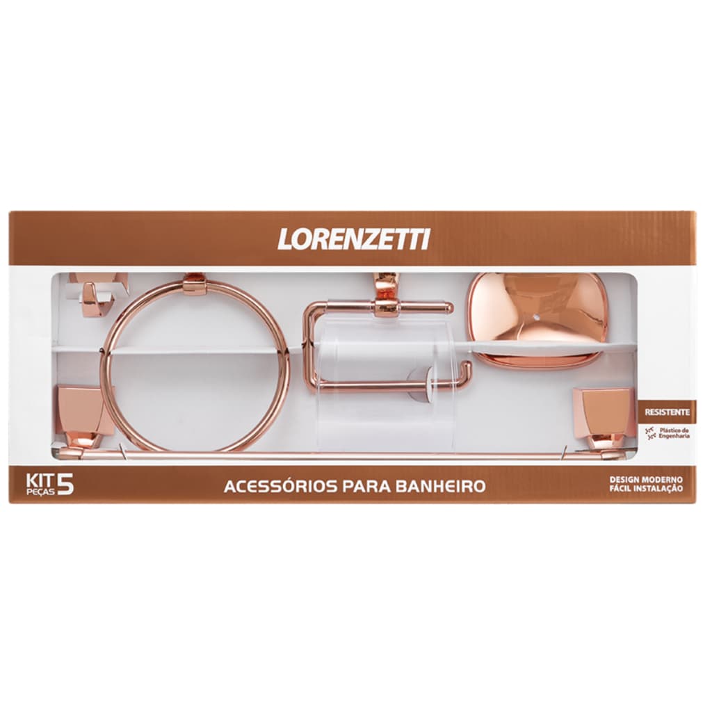 Kit Acessórios Banheiro 5 Peças Rose Gold Lorenzetti – Porta Toalha, Papeleira, Saboneteira – Design Moderno