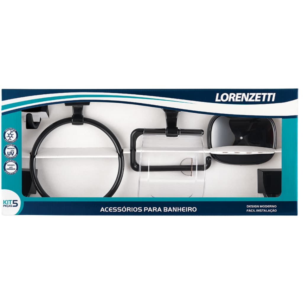 Kit Acessórios Banheiro 5 Peças Preto Lorenzetti – Porta Toalha, Papeleira, Saboneteira – Design Moderno