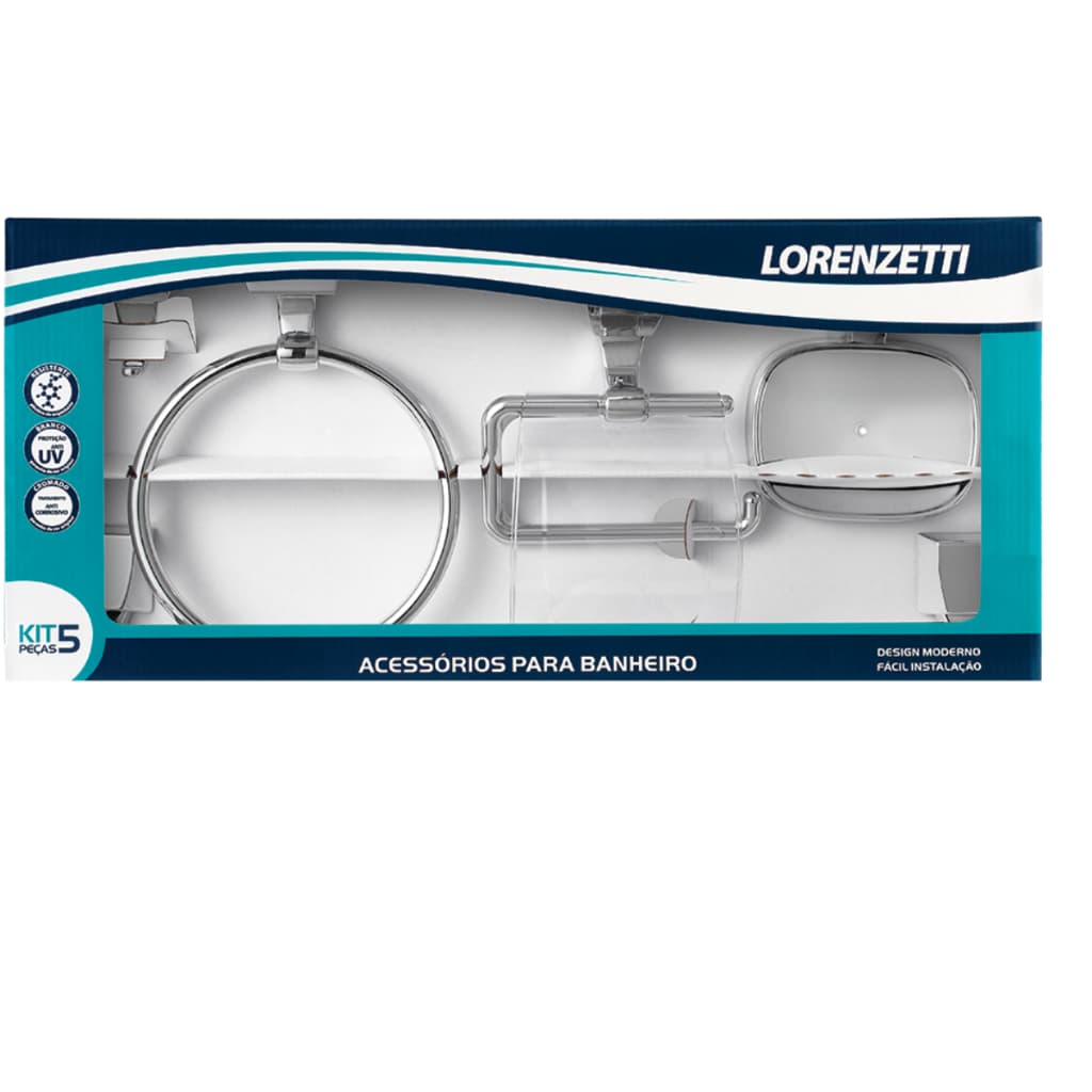 Kit Acessórios Banheiro 5 Peças Cromado -  Lorenzetti – Porta Toalha, Papeleira, Saboneteira – Design Moderno
