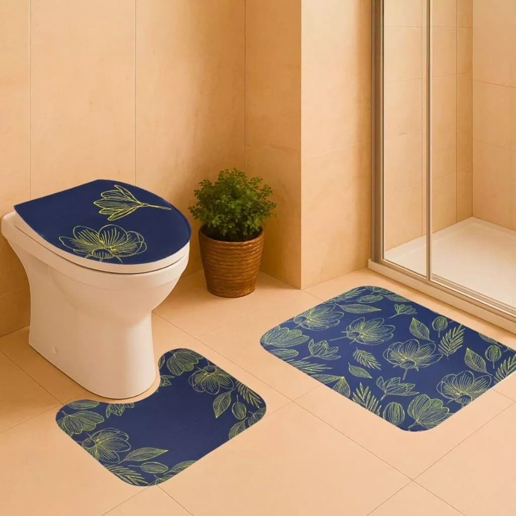 Jogo de Banheiro 3 Peças Antiderrapante Tapete Floral Lavável Macio Kit Completo