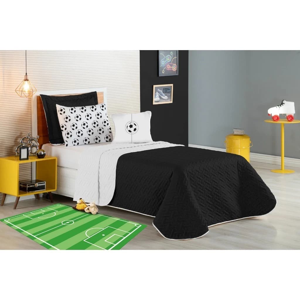 Kit Cobre Leito Roupa Jogo Cama Edredom Infantil Solteiro 5 Peças Matelado Quarto Menino Futebol