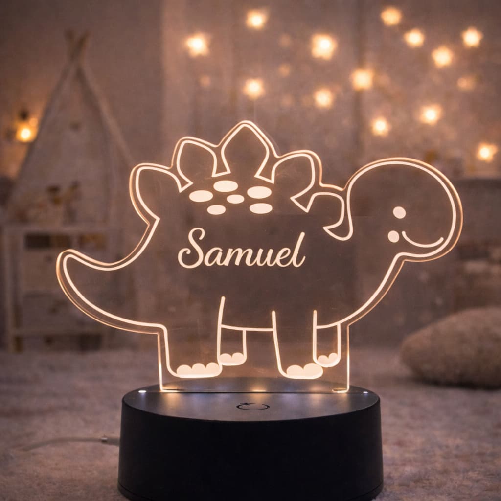 Luminária Acrílica LED Personalizada Infantil - Tema Dinossauro com Nome