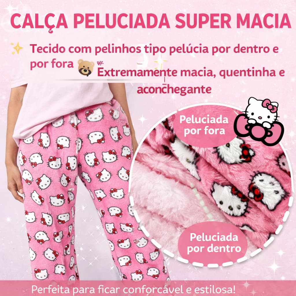 HELLO KITTY Calça Peluciada Sanrio Feminina | Pijama Confortável com Estampa Kawaii