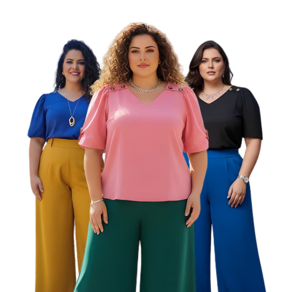 Blusa Elegante  Plus Size Linho Detalhe Botão Decote V Manga Curta