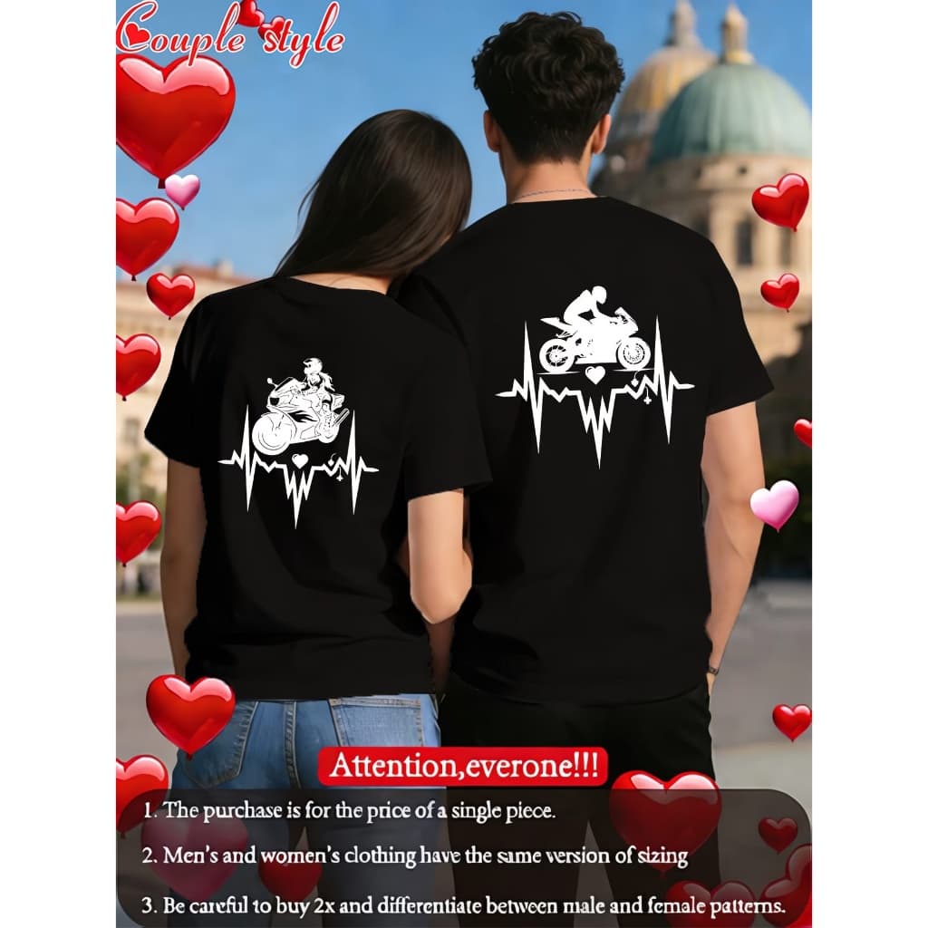 Camiseta casal personalizada estampa moto com batimento cardíaco e coração perfeita para casais apaixonados