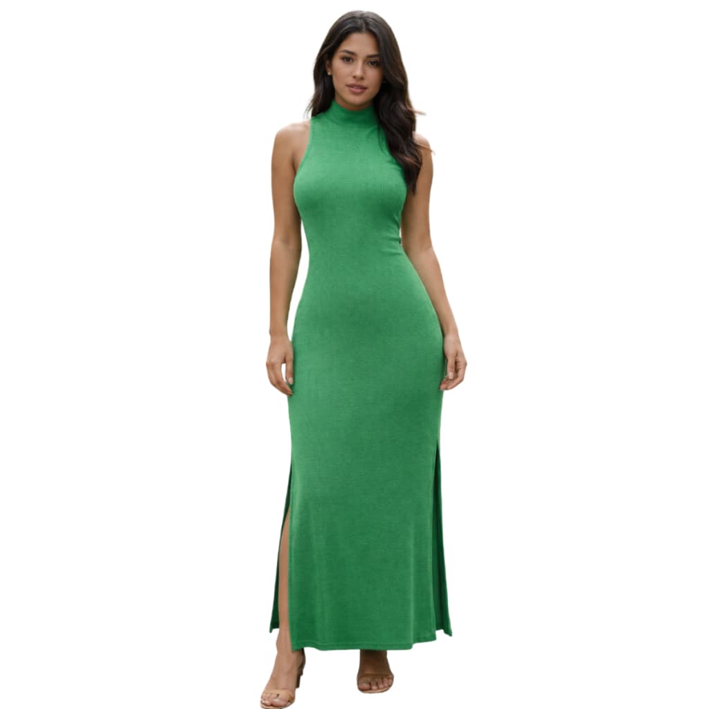 Vestido Longo com Racha e Gola Alta Feminino Moda Evangélica Canelado