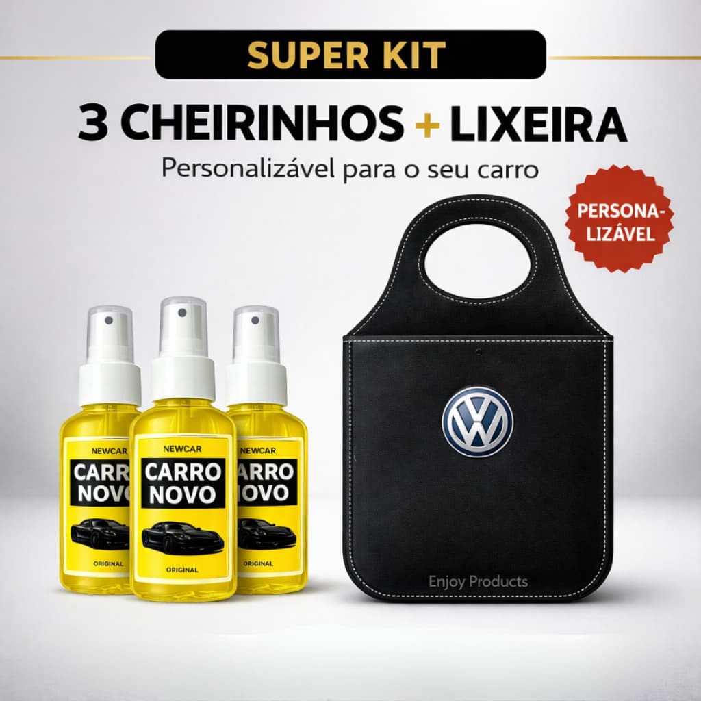 𝗞𝗜𝗧 𝗖𝗢𝗠 𝟯 Cheirinho CARRO NOVO + LIXEIRA EM COURO PREMIUM PERSONALIZADA New Car: Elimina Fungos e Bactérias