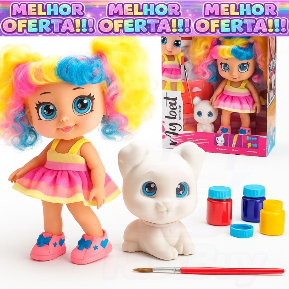 Boneca My Best Pintura Com Acessórios 1 Pincel 3 Tintas 1 Cachorrinho Menina - Bee Toys -