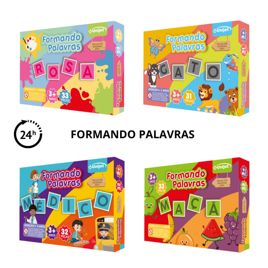 Jogo Educativo de Aprendizado Infantil MDF Formando Palavras Animais, Frutas, Profissões ou Cores