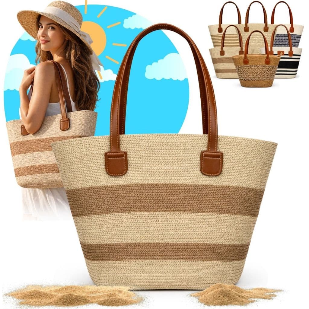 Bolsa Palha Grande Feminina Moda Praia Viagem Cor Caramelo e Bege Claro Zíper Verão - Envio Imediato