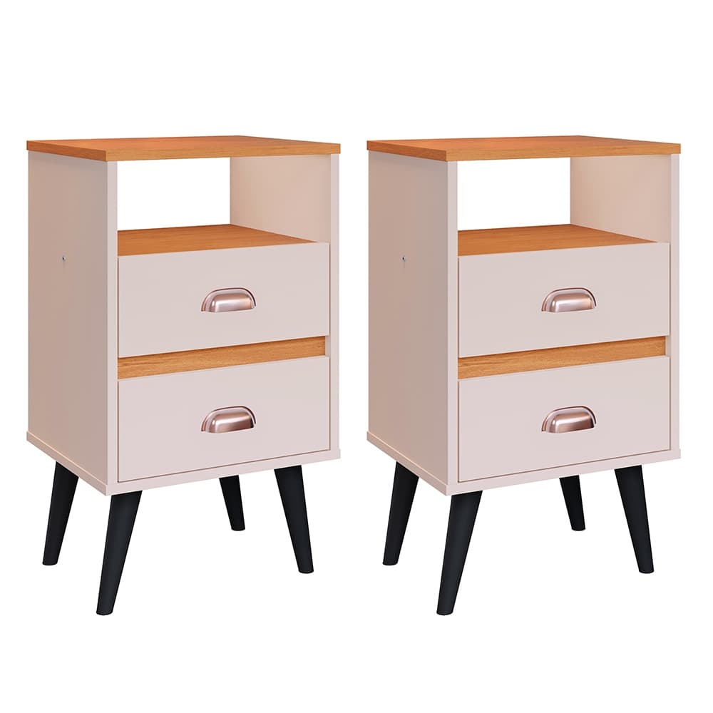 Jogo Quarto Kit 2 Mesa de Cabeceira Compacta Pés Estilo Retrô Mesinha com Gaveta Organizadora Puxador Concha Nicho Decor