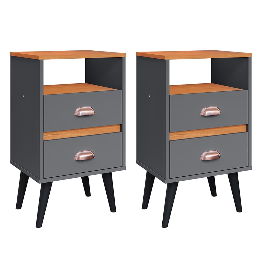 Jogo Quarto Kit 2 Mesa de Cabeceira Compacta Pés Estilo Retrô Mesinha com Gaveta Organizadora Puxador Concha Nicho Decor
