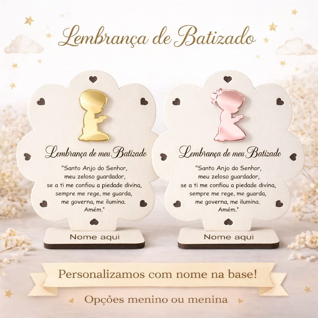 ✨ Kit 5 Lembrancinhas Batismo, Oração Santo anjo - Personalizado com acrílico. Batizado MDF ✨