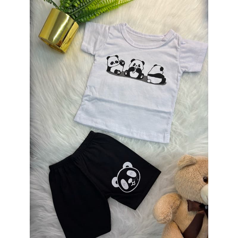 Conjunto Bebê Unissex Panda Branco Camiseta Estampada + Shorts Preto Roupa Infantil Confortável